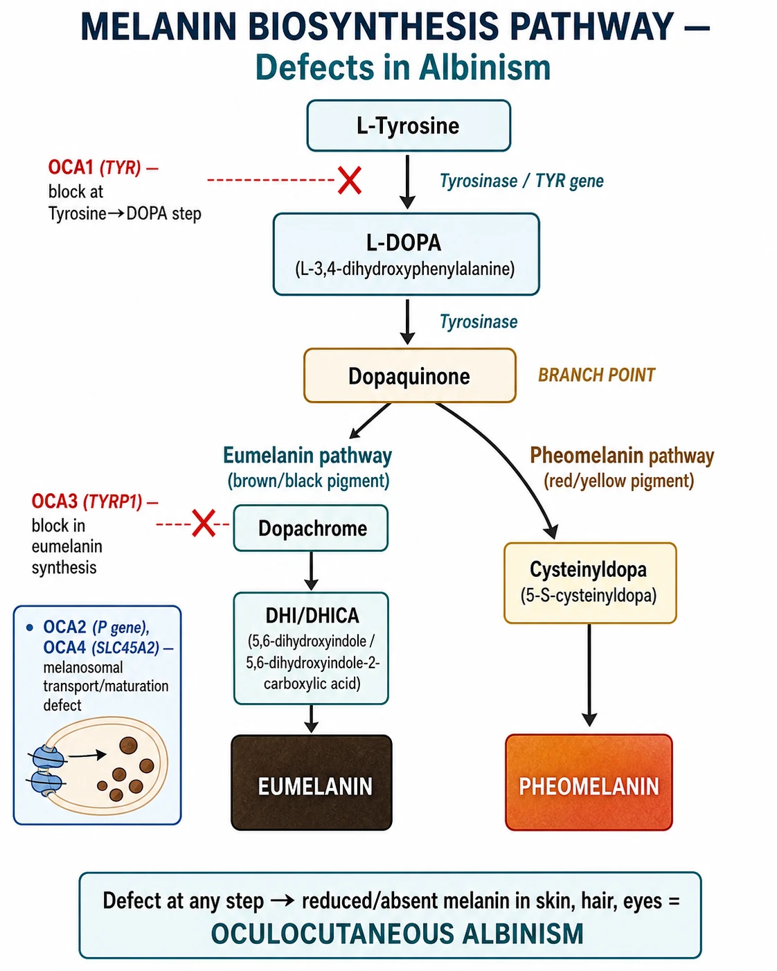 Melanin biosynthesis pathway: tyrosine to DOPA to dopaquinone, branching to eumelanin and pheomelanin, with sites of genetic block in OCA1, OCA2, OCA3 and OCA4