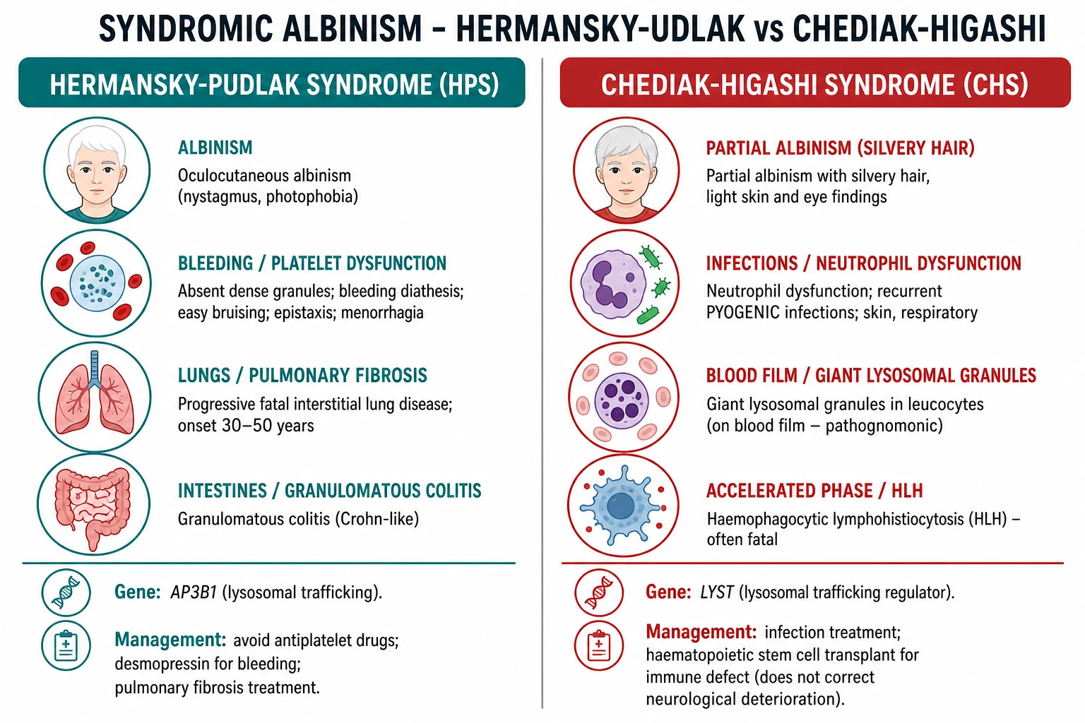 Syndromic albinism contrast: Hermansky-Pudlak syndrome (albinism plus platelet dense-granule deficiency, bleeding, pulmonary fibrosis, colitis) versus Chédiak-Higashi syndrome (partial albinism, silvery hair, neutrophil dysfunction, giant lysosomal granules, HLH)