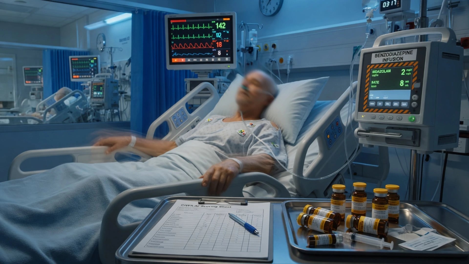 Cinematic ICU scene of an agitated tremulous patient in delirium tremens with autonomic storming on the monitor (tachycardia, hypertension), a CIWA-Ar scoring sheet, a benzodiazepine infusion and a thiamine vial at the bedside, clinical-blue lighting, no faces, no text