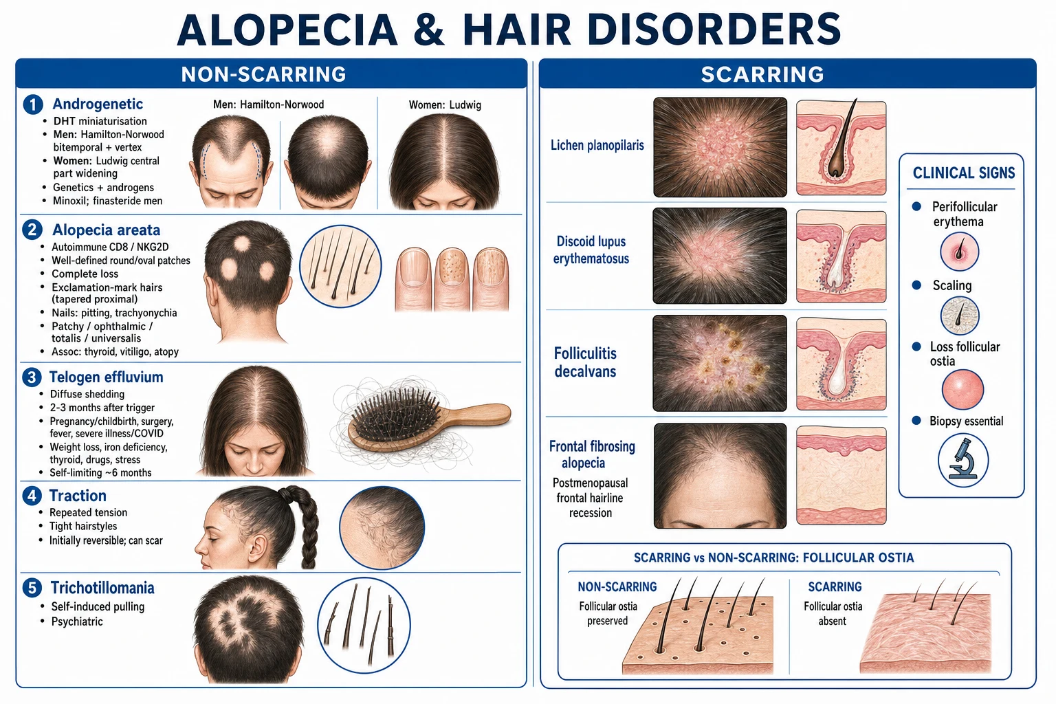 Clean infographic showing types and patterns of alopecia with diagnostic features