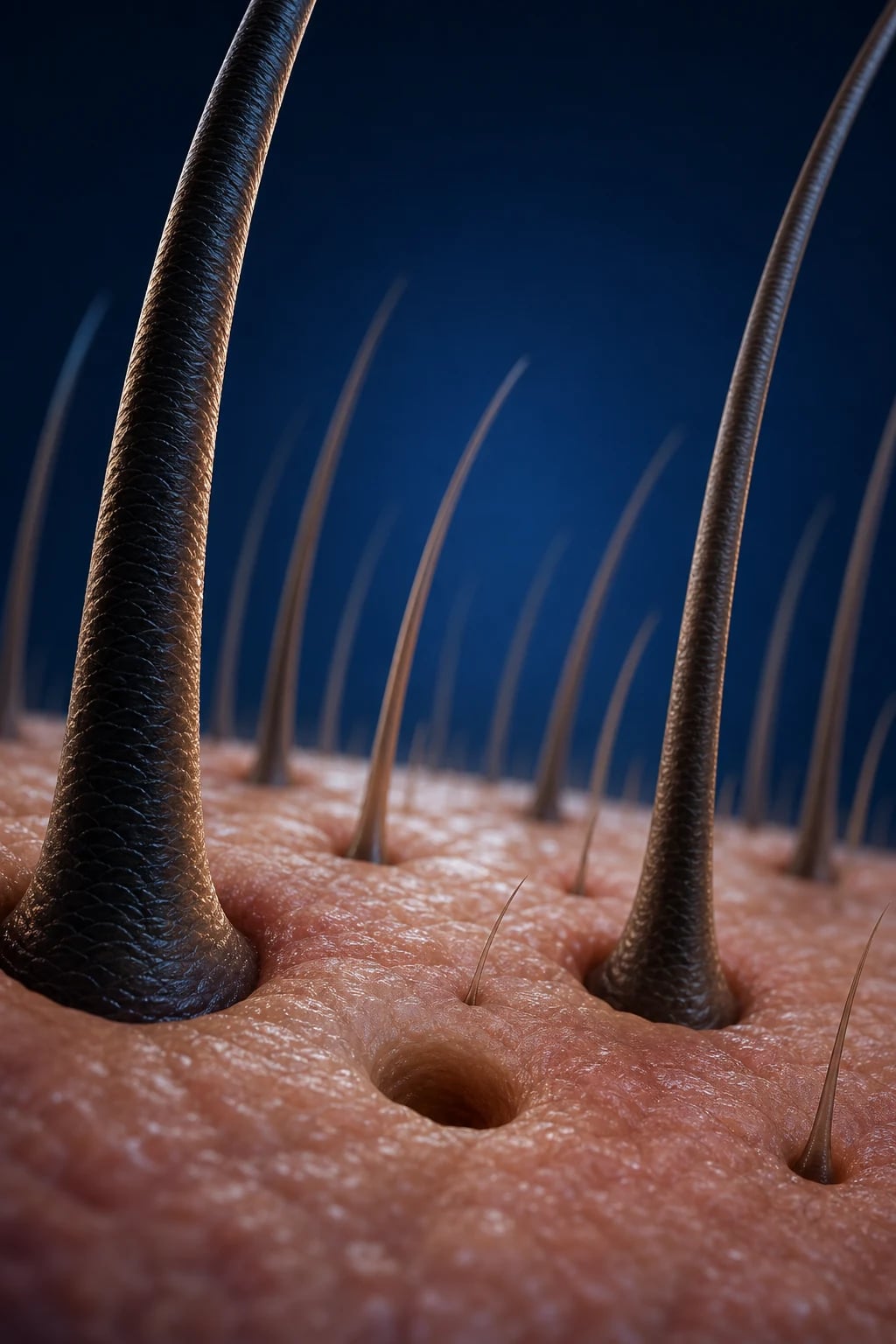 Cinematic 3D abstract close-up of hair follicles in skin, some healthy and thick, others thinning and miniaturised, with one completely empty follicle, against a deep navy background