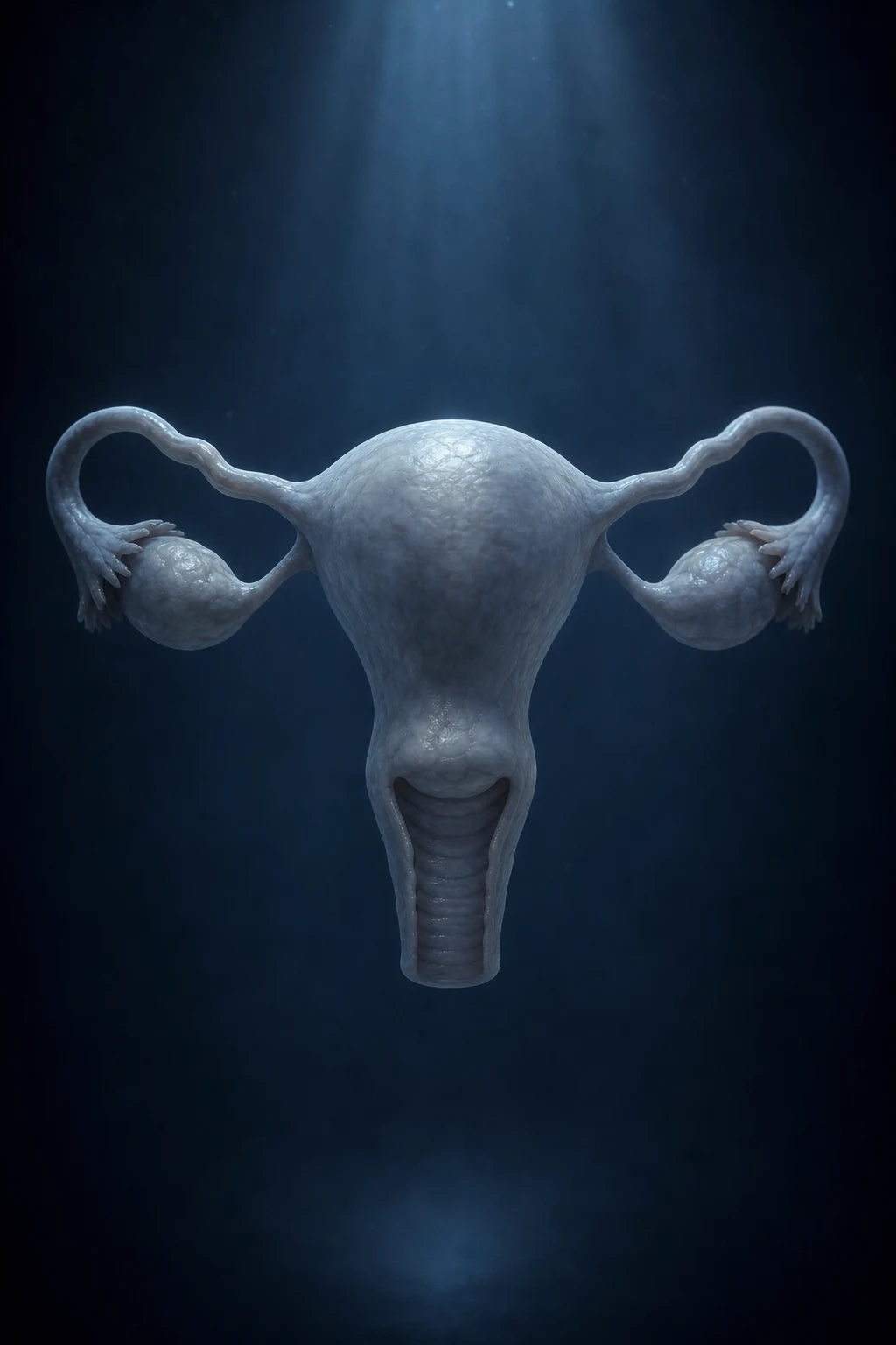 Cinematic anatomical illustration of a quiet, dormant uterus and ovaries within the female pelvis, soft clinical lighting, deep navy background