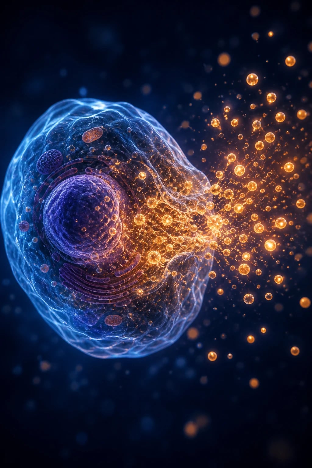 Cinematic 3D illustration of mast-cell degranulation releasing histamine granules into a capillary, with a vial of adrenaline and an autoinjector beside it, deep navy background
