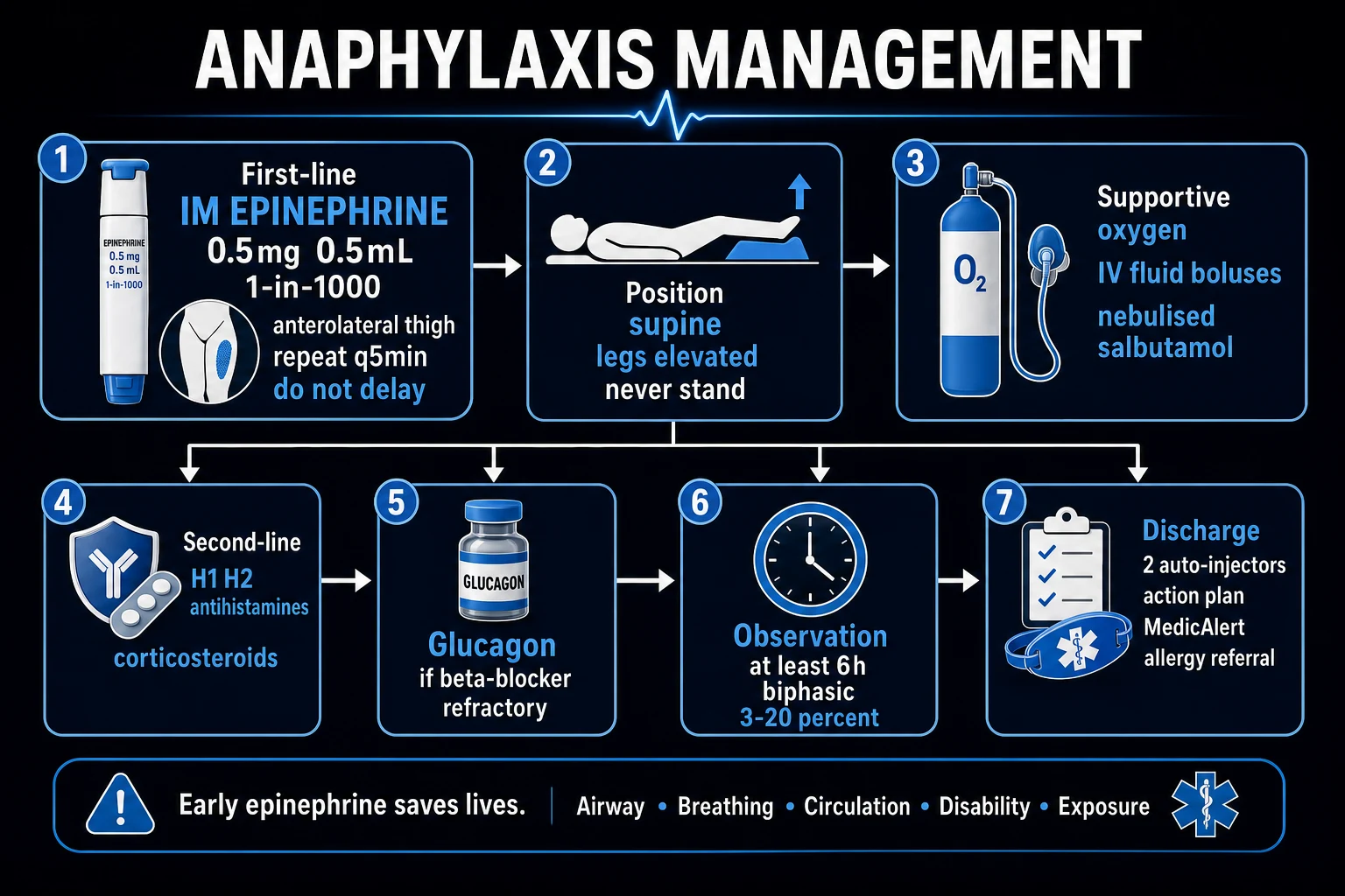 Clean management infographic: ABCDE approach, IM adrenaline anterolateral thigh, repeat at 5 min, supine legs raised, IV crystalloid, adjuncts, and the escalation pathway to IV adrenaline infusion and glucagon