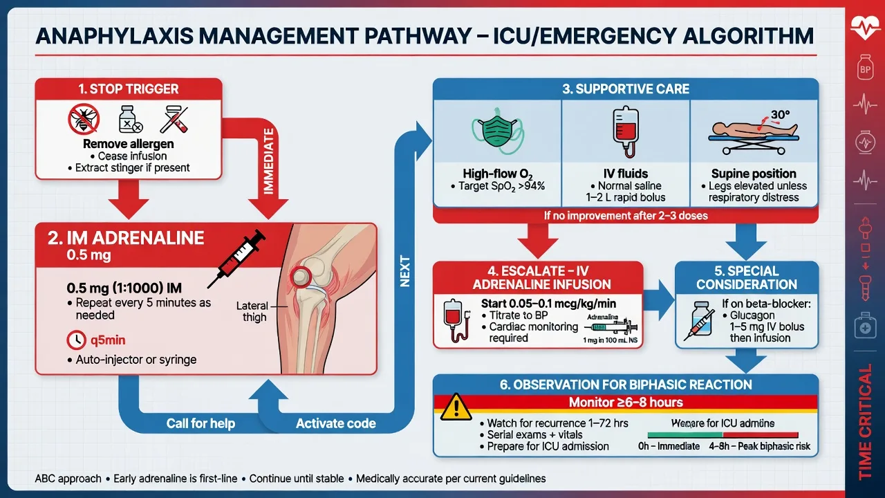 Educational anaphylaxis management pathway: stop trigger, IM adrenaline 0.5 mg thigh, oxygen fluids supine, IV adrenaline infusion if refractory, glucagon if beta-blocked, biphasic observation