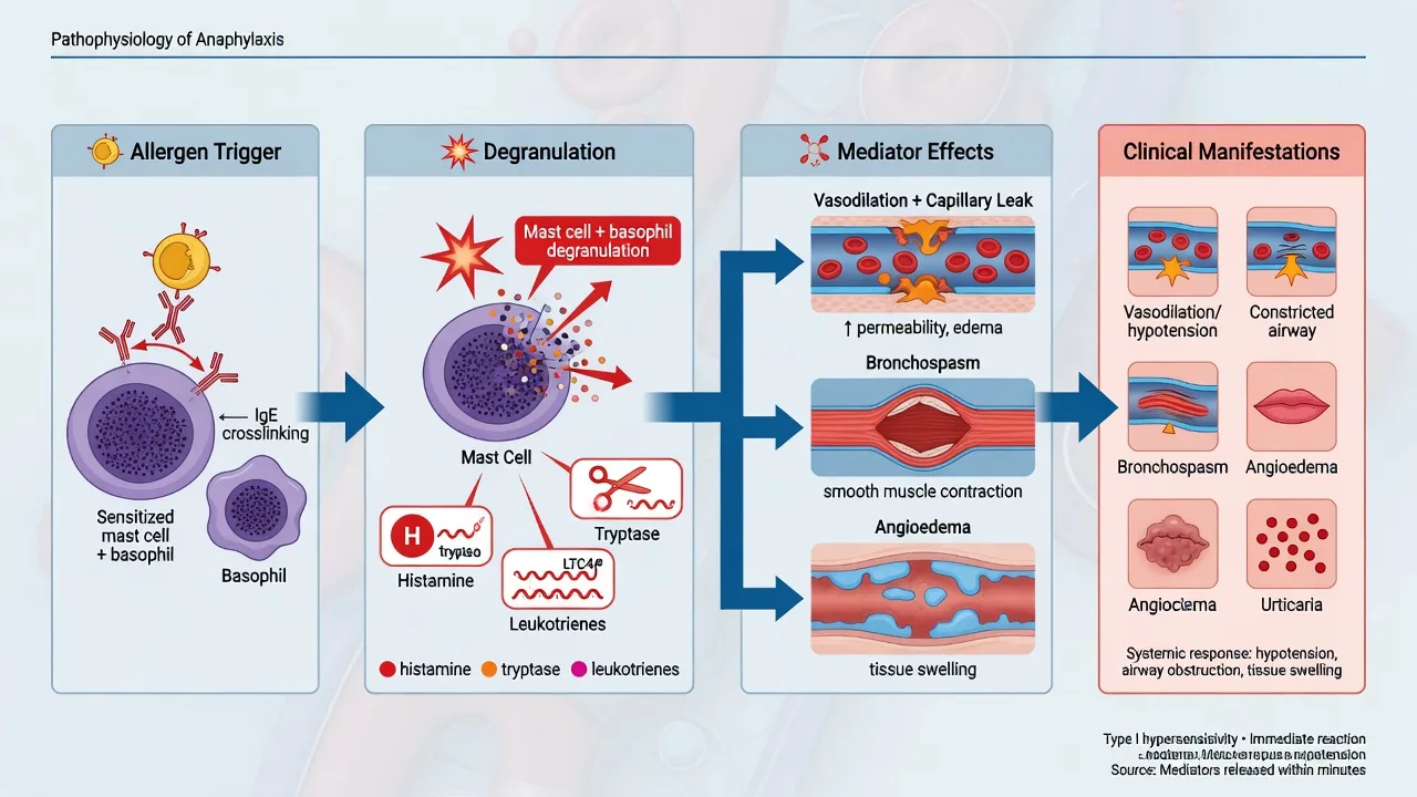 Educational schematic of anaphylaxis pathophysiology: allergen IgE crosslinking, mast cell degranulation histamine tryptase leukotrienes, vasodilation leak bronchospasm angioedema