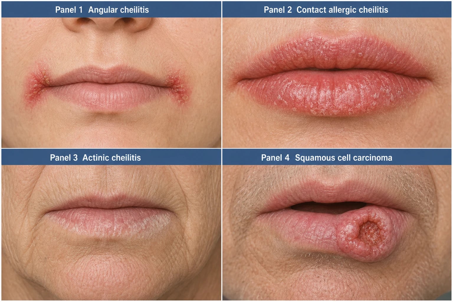Four-panel comparison of angular cheilitis, contact cheilitis, actinic cheilitis, and squamous cell carcinoma of the lip
