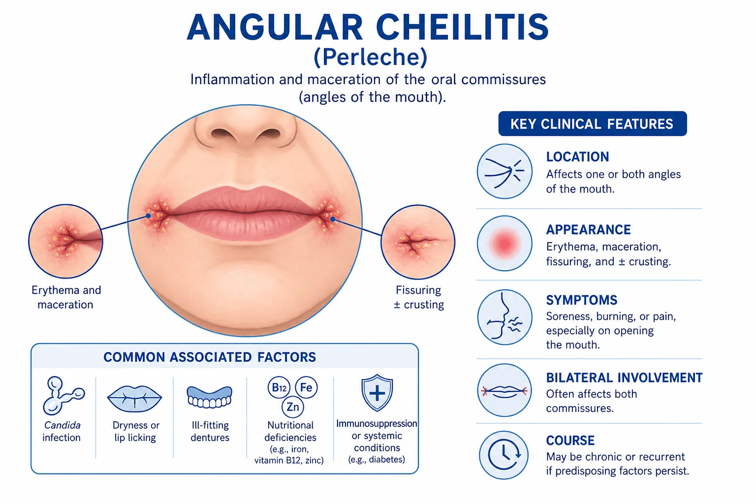 Painful erythematous fissured lesions at both angles of the mouth