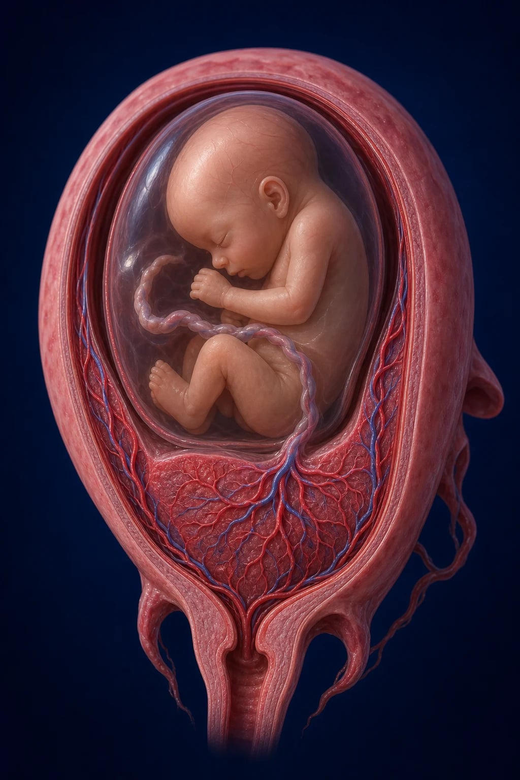 Cinematic 3D anatomical illustration of a gravid uterus showing the placenta in relation to the cervix with surrounding vessels, against a deep navy background