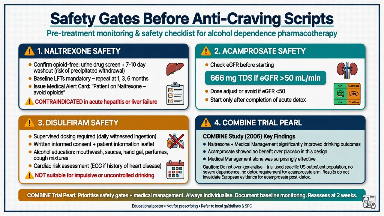 Safety gates checklist before anti-craving prescriptions covering naltrexone opioid and LFT rules acamprosate renal dosing disulfiram supervision and COMBINE trial pearl
