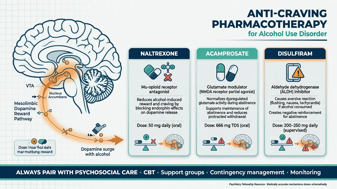 Anti-craving pharmacotherapy overview with mesolimbic reward pathway and three agent cards for naltrexone acamprosate and disulfiram with standard teaching doses