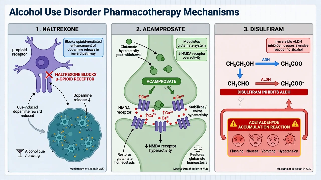 Three-panel mechanism diagram of naltrexone mu-opioid blockade acamprosate glutamate modulation and disulfiram ALDH inhibition with acetaldehyde reaction