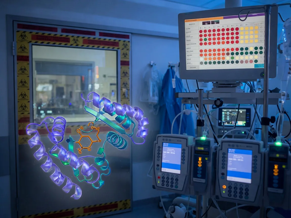 Cinematic ICU scene of antibiotic pharmacokinetics in critical illness — an augmented-renal-clearance graphic, an increased volume of distribution from capillary leak, a CRRT and ECMO circuit sequestering drug, a loading-dose syringe, clinical-blue lighting, medical educational, no faces, no text