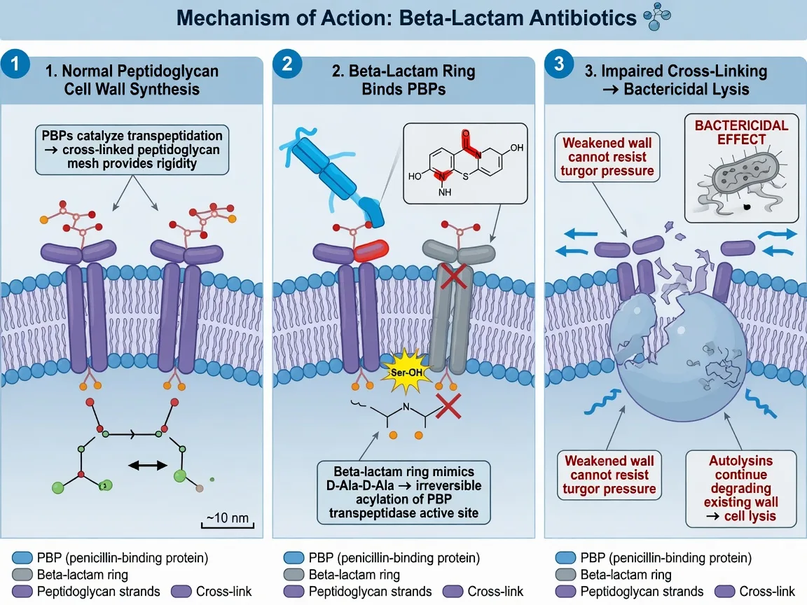 Infographic of antibiotic PK/PD indices: time above MIC for beta-lactams, Cmax to MIC for aminoglycosides, AUC to MIC for vancomycin, critical illness effects on volume and clearance