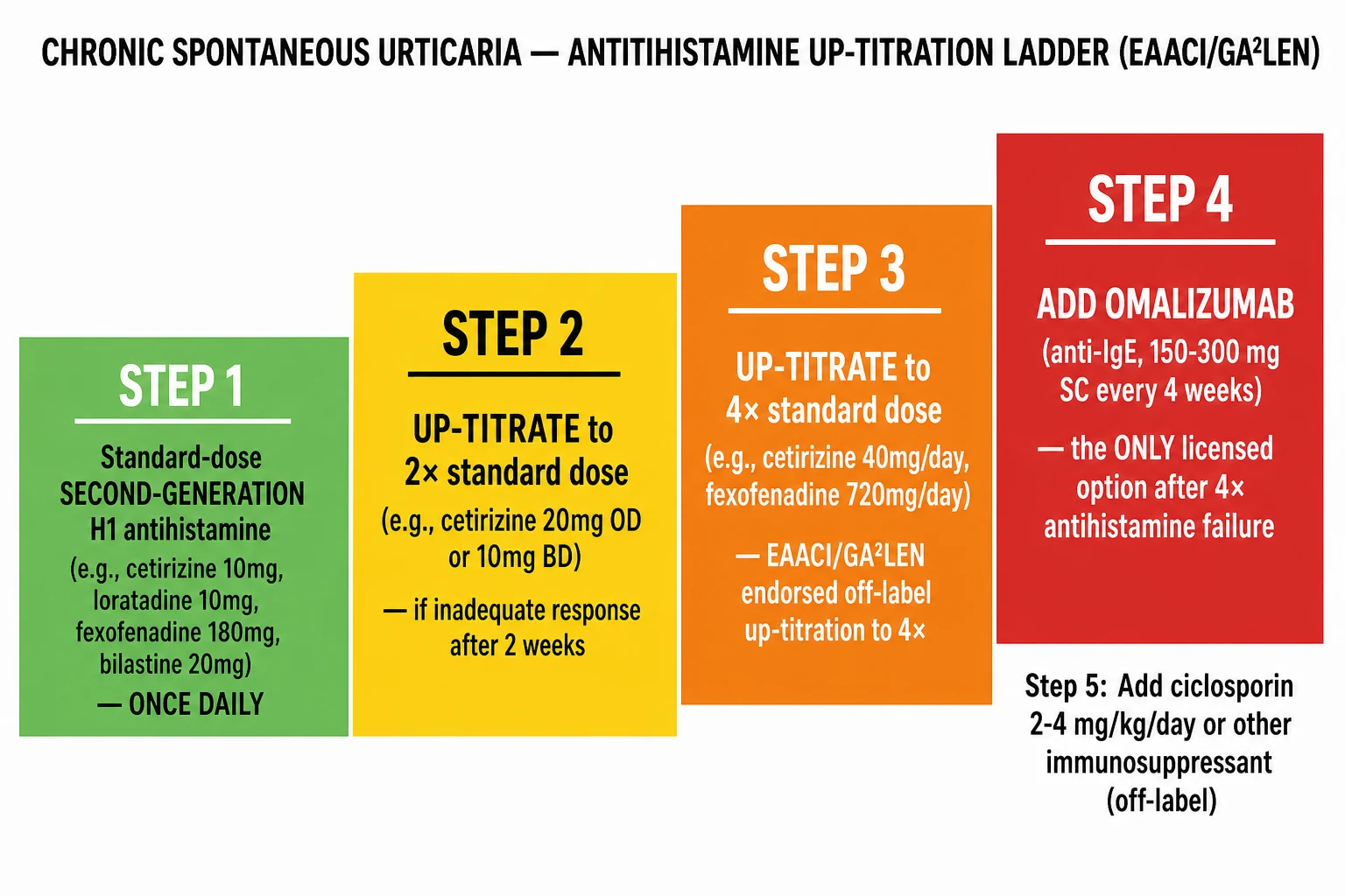 Stepwise treatment ladder for chronic spontaneous urticaria: standard-dose second-generation H1 antihistamine, up-titration to two times then four times the standard dose, omalizumab, and ciclosporin as a last off-label option.