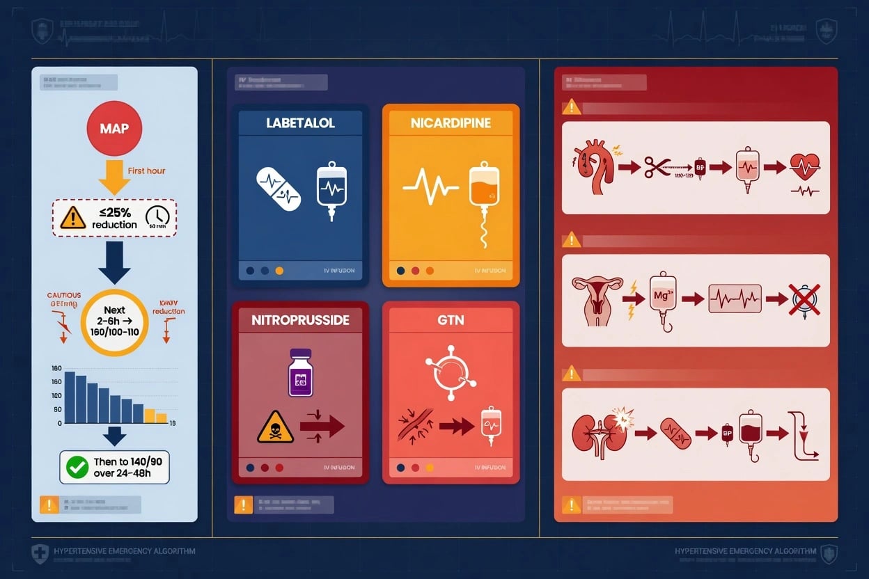 Scenario-specific IV antihypertensive selection: dissection beta-first, pheo alpha-first, stroke nicardipine/labetalol