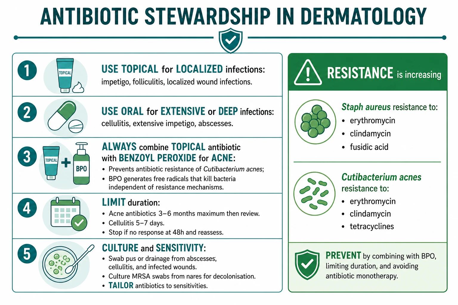 Five stewardship principles: topical for localised, oral for extensive, combine topical antibiotic with BPO for acne, limit duration, culture-guided