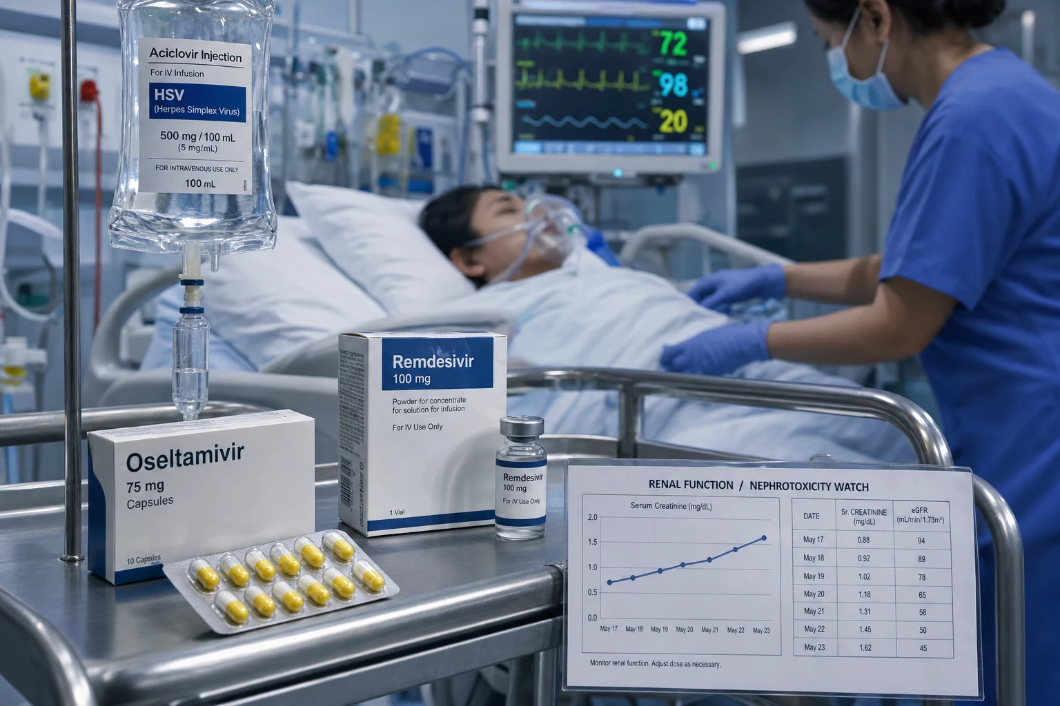 Cinematic ICU scene of antiviral infusions on the trolley — IV aciclovir, oseltamivir capsules, a remdesivir pack — a cardiac monitor, a creatinine chart showing a nephrotoxicity watch, clinical-blue lighting