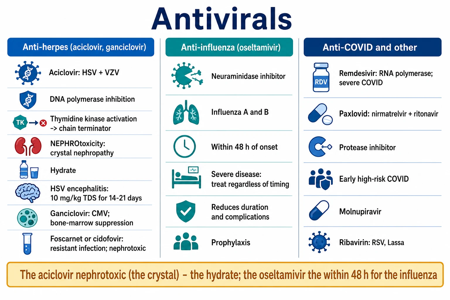 Three-panel infographic on a white clinical-blue background: LEFT anti-herpes (aciclovir HSV/VZV DNA polymerase thymidine kinase chain terminator; NEPHRO crystal hydrate; HSV encephalitis 10 mg/kg TDS 14-21 days; ganciclovir CMV bone-marrow; foscarnet/cidofovir resistant nephrotoxic); CENTRE anti-influenza (oseltamivir neuraminidase inhibitor; influenza A/B; within 48 h severe regardless; reduces duration/complications; prophylaxis); RIGHT anti-COVID + other (remdesivir RNA polymerase severe COVID; Paxlovid nirmatrelvir/ritonavir protease early high-risk; molnupiravir; ribavirin RSV/Lassa). Banner 'Aciclovir nephrotoxic (crystal) — hydrate; oseltamivir within 48 h influenza'. Flat vector illustration, crisp typography.