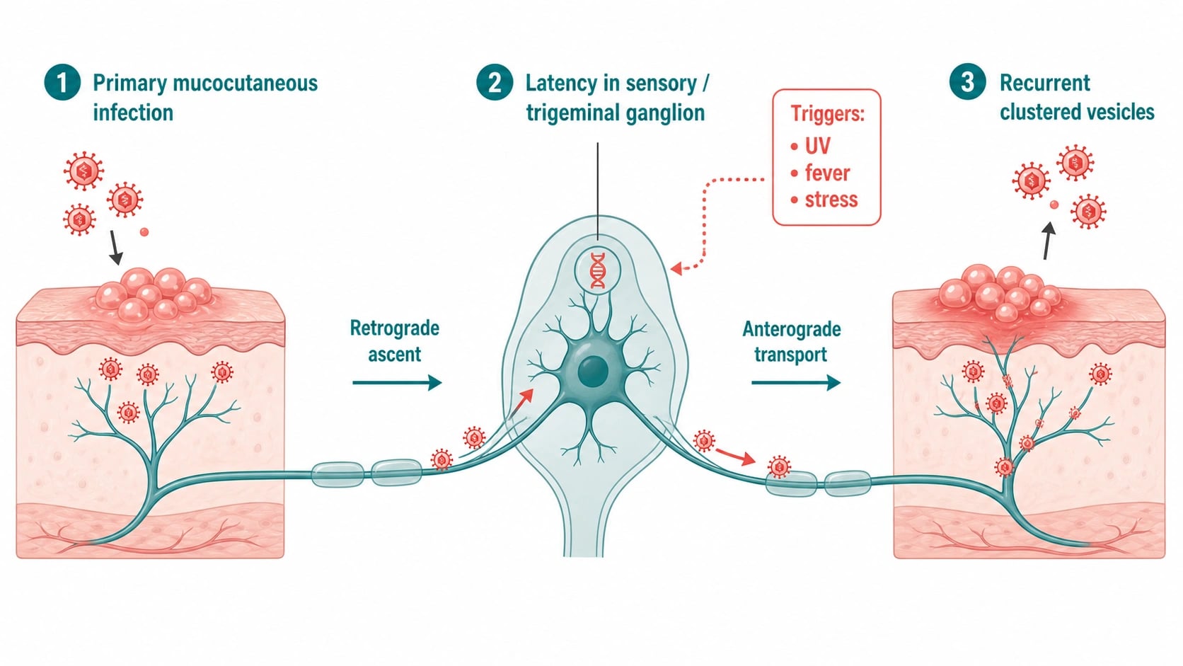 Cellular diagram showing the herpesvirus replication cycle with arrows marking each drug target: aciclovir entering the cell and phosphorylated by viral thymidine kinase to a triphosphate chain-terminator at the DNA polymerase; ganciclovir phosphorylated by CMV UL97 kinase; foscarnet binding the pyrophosphate site of DNA polymerase directly (no kinase needed); cidofovir as a pre-formed monophosphate; an influenza virion showing neuraminidase (oseltamivir) and the cap-snatching endonuclease (baloxavir); a SARS-CoV-2 virion with the RNA polymerase (remdesivir) and 3CL protease (nirmatrelvir). Clinical-blue schematic