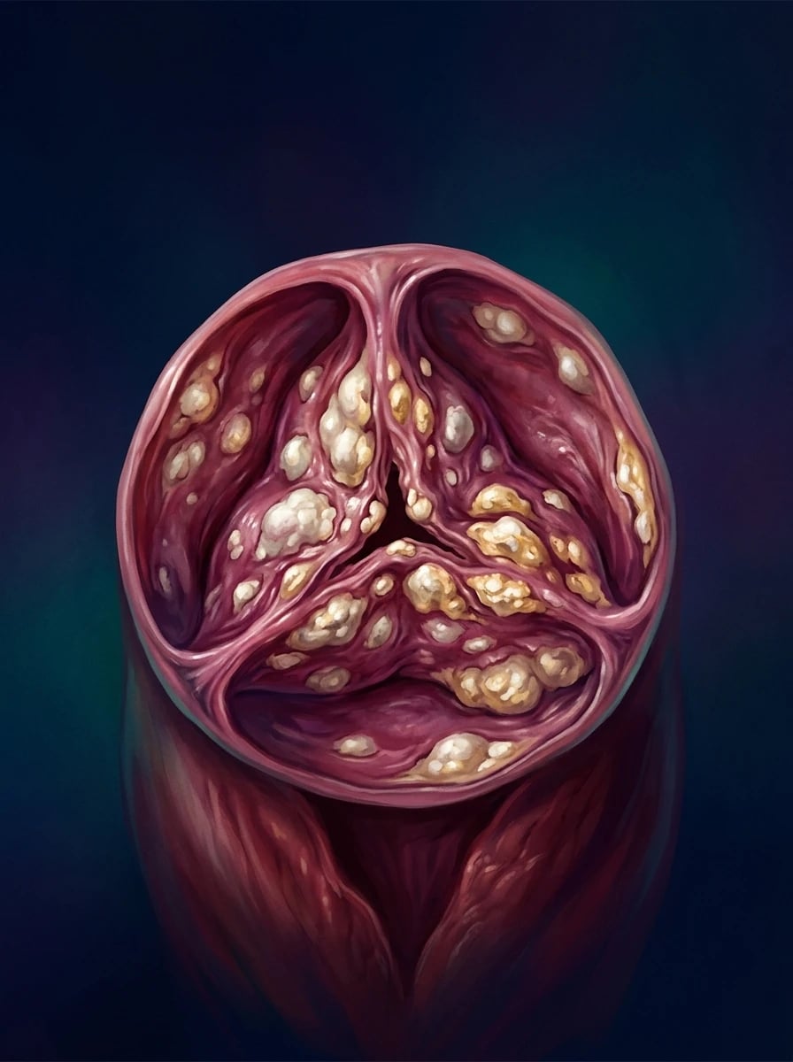 Stylised anatomical illustration of a stenosed tri-leaflet aortic valve with calcific nodules narrowing the orifice, concentrically hypertrophied left ventricle, slow-rising carotid waveform