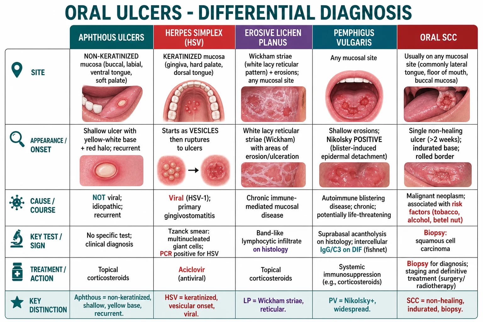 Differential diagnosis chart comparing aphthous ulcers with HSV, oral lichen planus, pemphigus vulgaris and oral squamous cell carcinoma