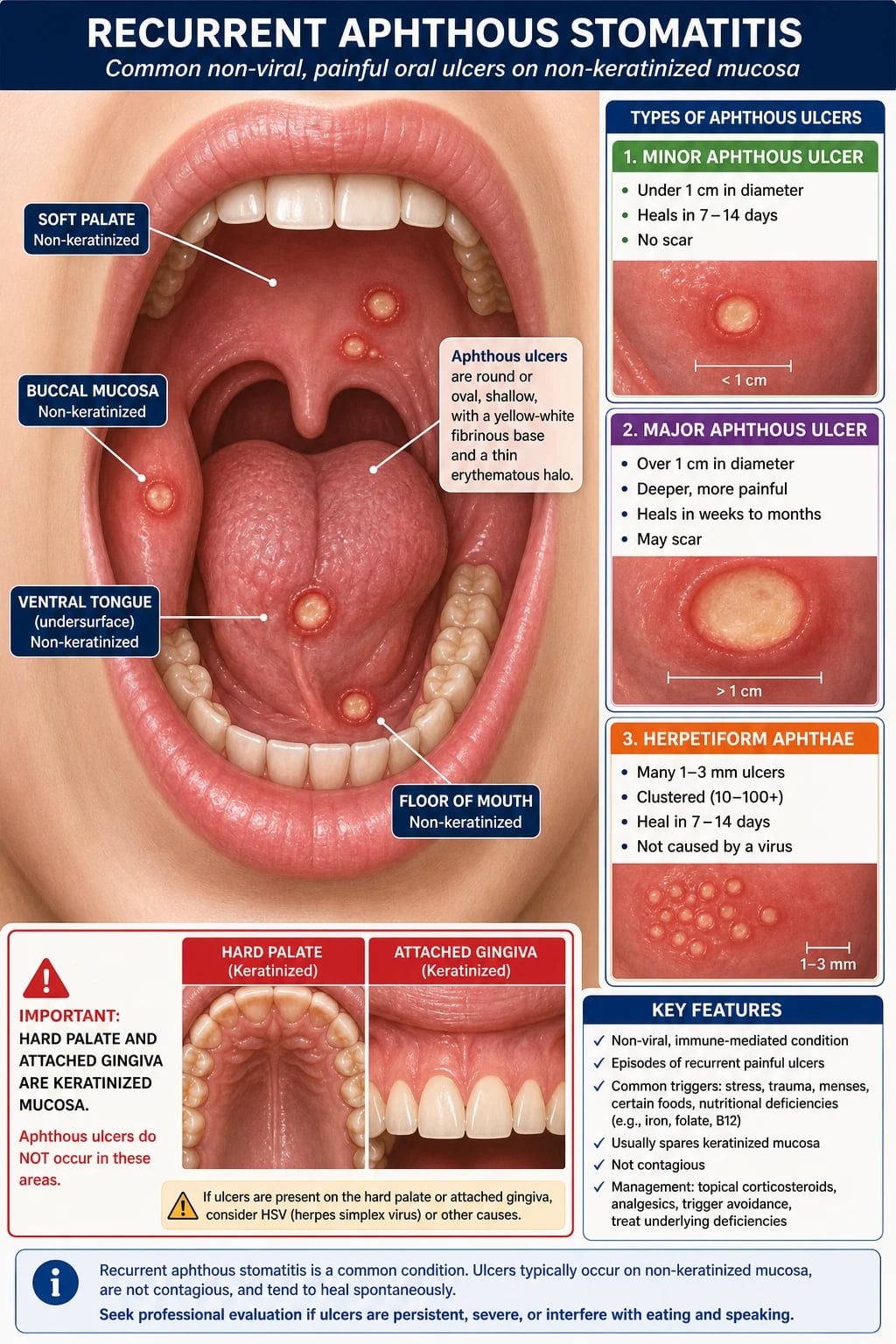 Classification and mucosal distribution of recurrent aphthous stomatitis showing minor, major and herpetiform aphthae on non-keratinized oral mucosa