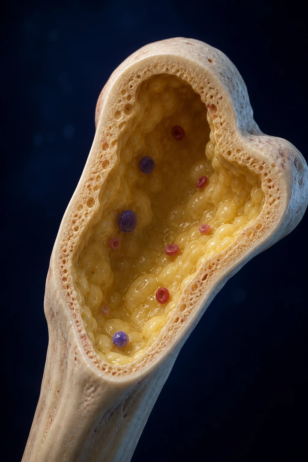 Cinematic 3D illustration of a pale fatty bone marrow cavity with sparse haematopoietic islands, surrounded by peripheral blood showing anaemia, neutropenia and thrombocytopenia