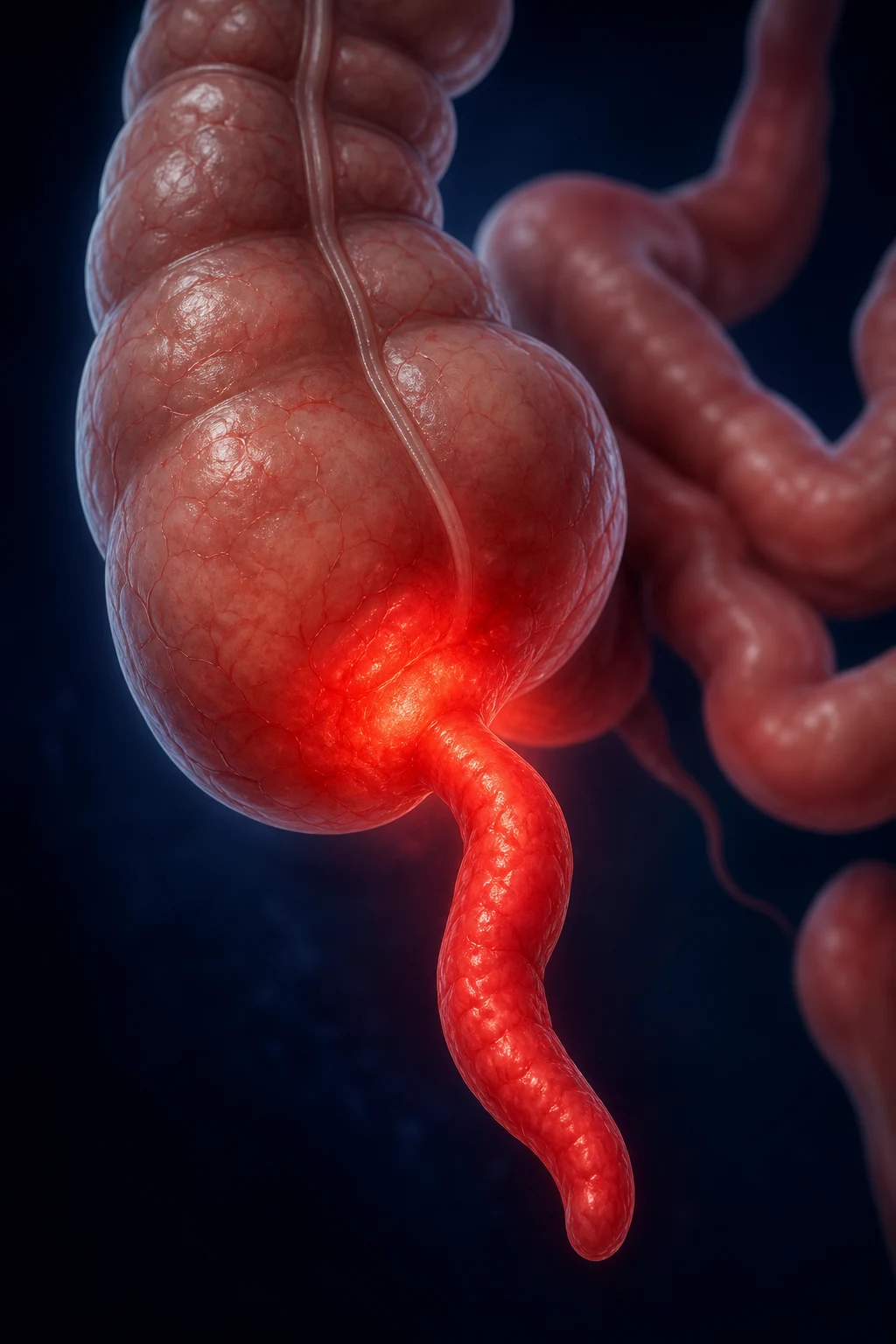 Anatomy of the appendix showing vermiform appendix, caecum, common positions, and McBurney point.