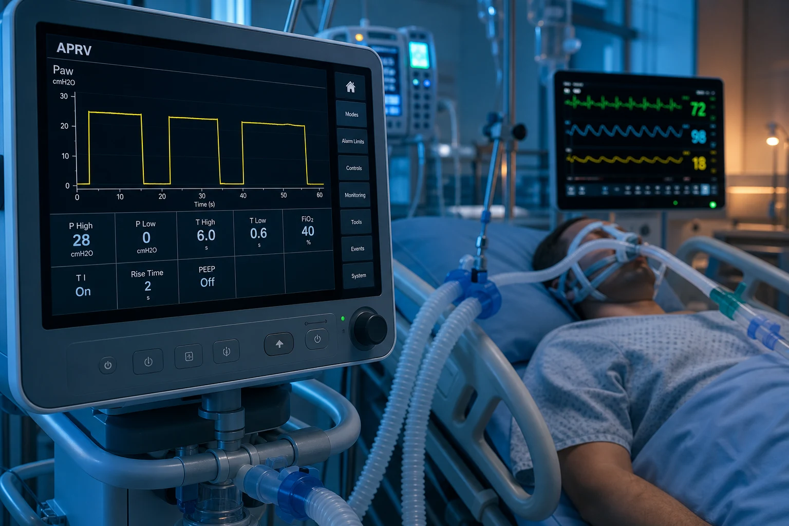 Cinematic ICU scene of a modern ventilator displaying an APRV pressure-time waveform with a long high-pressure plateau and brief downward releases to near zero, spontaneous breaths drawn on both plateaus, an intubated patient breathing spontaneously with a low-dose sedation infusion, a nasogastric tube (for NAVA EAdi) in place, the bedside nurse adjusting the release time, focused teal and amber clinical lighting