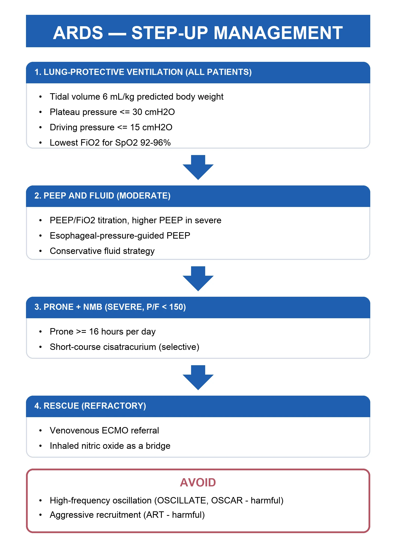 Management ladder for phenotype-aware ARDS: lung protection, driving-pressure titration, prone positioning, conservative fluids, ECMO referral