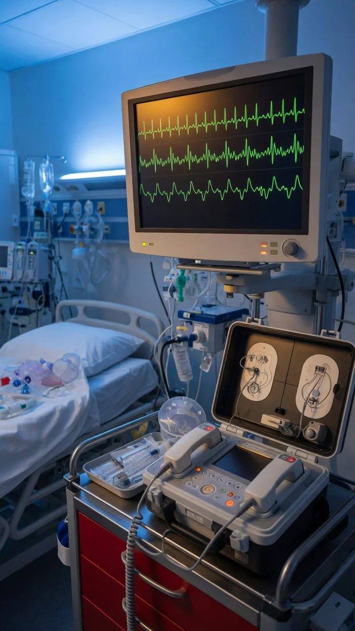 ECG showing ventricular fibrillation with defibrillator paddles and the ALS algorithm timeline