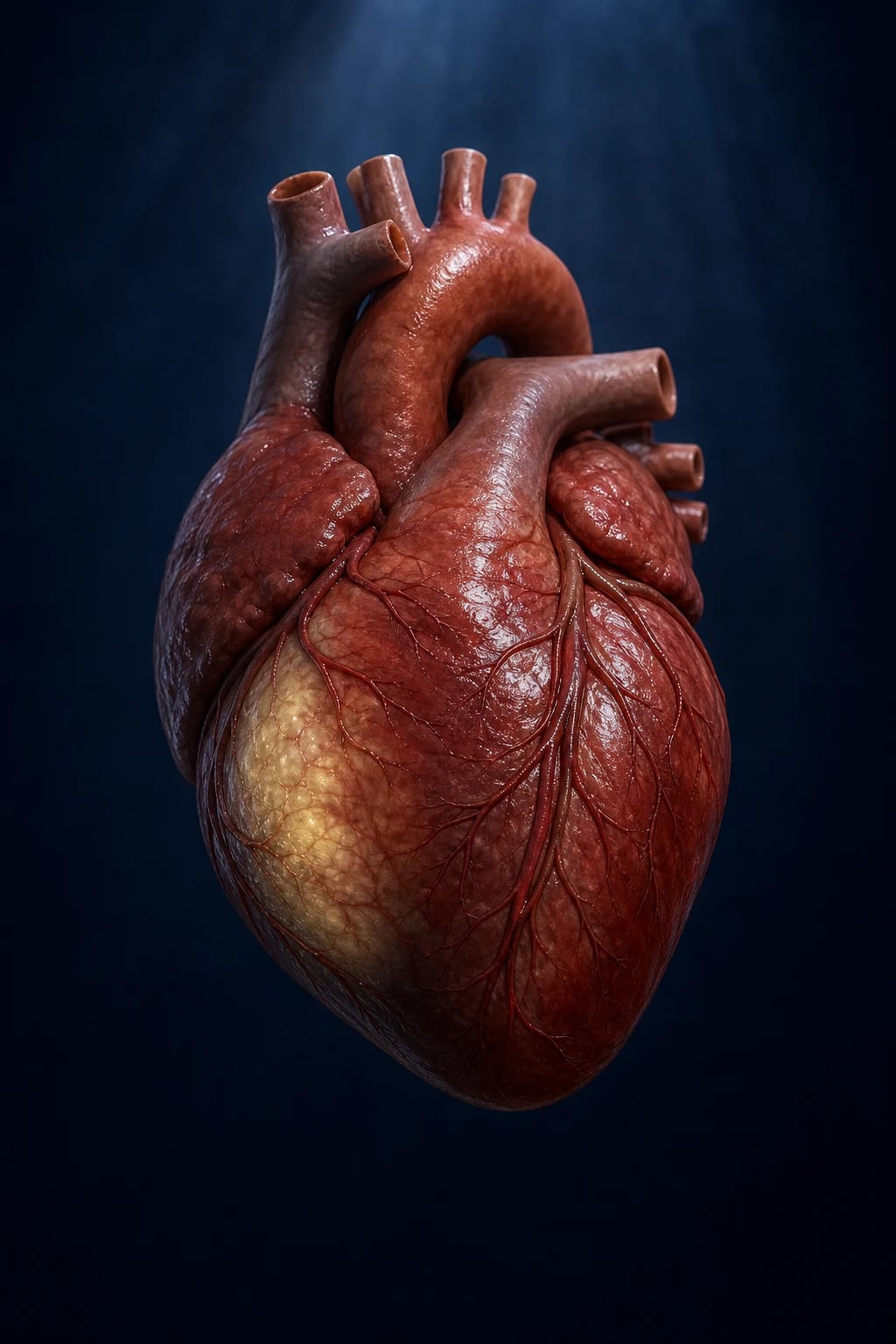 Cinematic cross-section of the heart showing the right ventricle replaced by yellow fat and grey fibrous tissue with surviving myocyte islands, an implanted ICD, and an ECG strip showing an epsilon wave