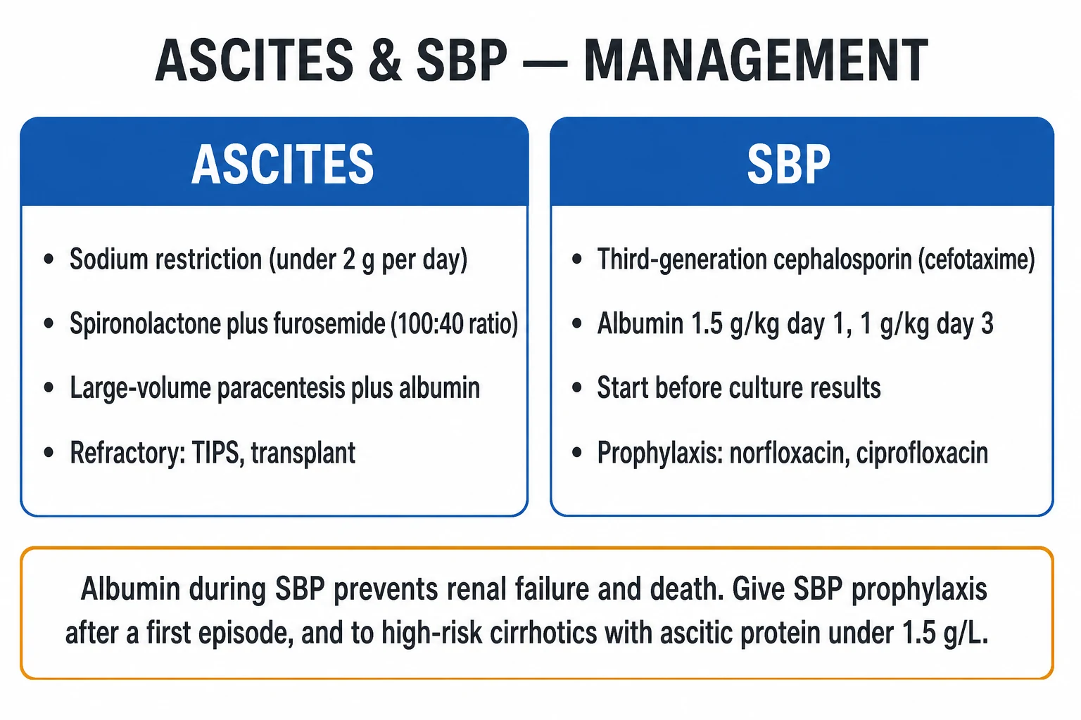 Stepwise management ladder for cirrhotic ascites: diagnostic paracentesis and SAAG classification, then sodium restriction under 88 mmol/day, spironolactone 100 mg with furosemide 40 mg in a 100:40 ratio titrated to 400/160, large-volume paracentesis with albumin 6 to 8 g per litre for over 5 L, TIPS for refractory ascites, and liver transplantation as definitive therapy, with a parallel SBP bundle of cefotaxime plus albumin and norfloxacin prophylaxis