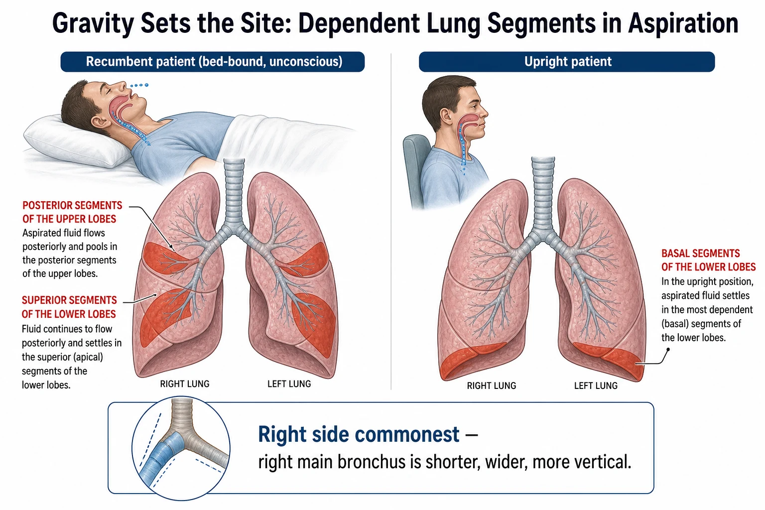 Anatomical infographic showing recumbent patient with dependent posterior upper-lobe and superior lower-lobe segments versus upright patient with basal lower-lobe segments