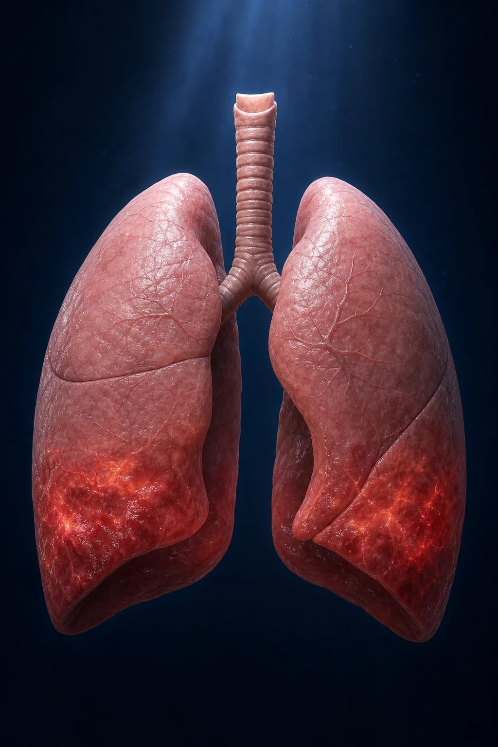Cinematic ICU scene of a ventilated patient with a dependent-lower-lobe infiltrate on the chest X-ray, a feeding tube and a subglottic suction catheter in place, the head of the bed elevated, clinical-blue lighting, medical educational, no faces, no text