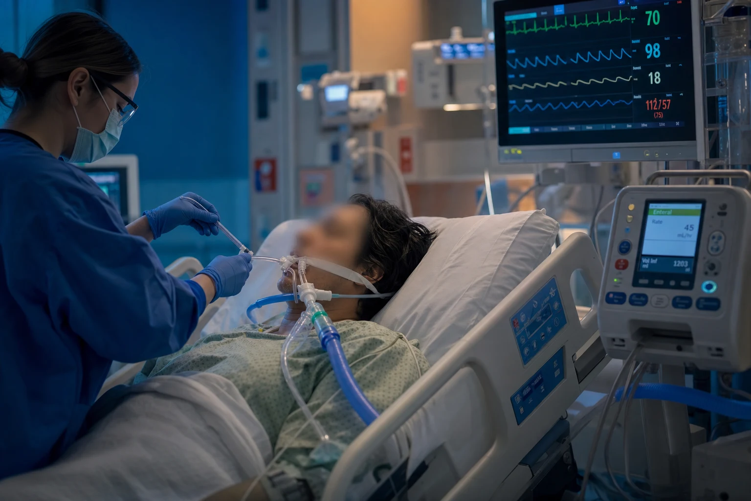ICU bedside scene of a ventilated patient in a 30-45 degree head-up position with a subglottic suction endotracheal tube, oral chlorhexidine care underway, cuff-pressure manometer reading, clinical-blue lighting