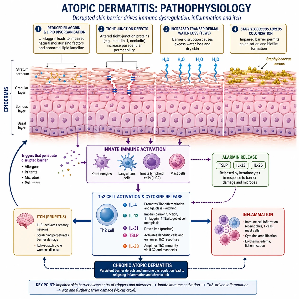 Diagram of skin barrier disruption, S. aureus colonisation, and type 2 cytokine signalling in atopic dermatitis