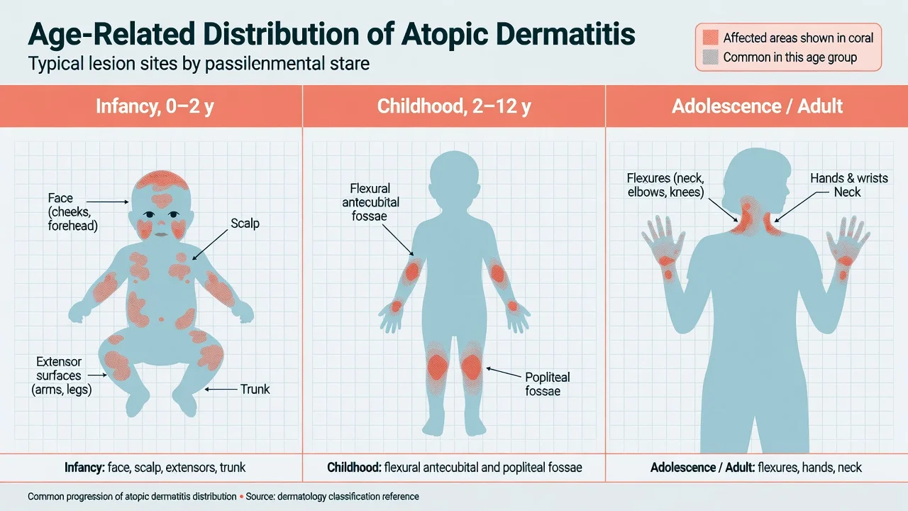 Educational body maps showing infantile facial-extensor, childhood flexural, and adult flexural-hand patterns of atopic dermatitis