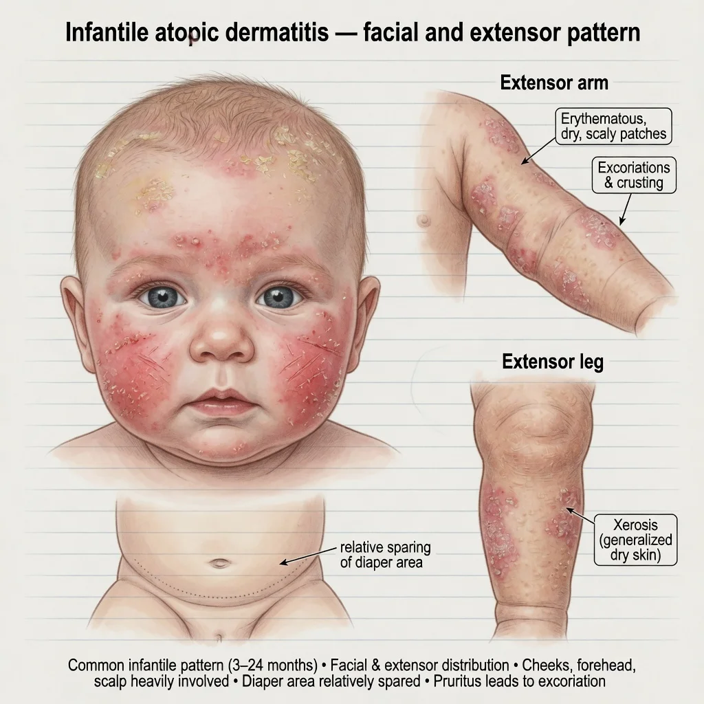 Educational illustration of infantile atopic dermatitis with facial erythema, scalp scale, and extensor limb involvement with relative diaper sparing
