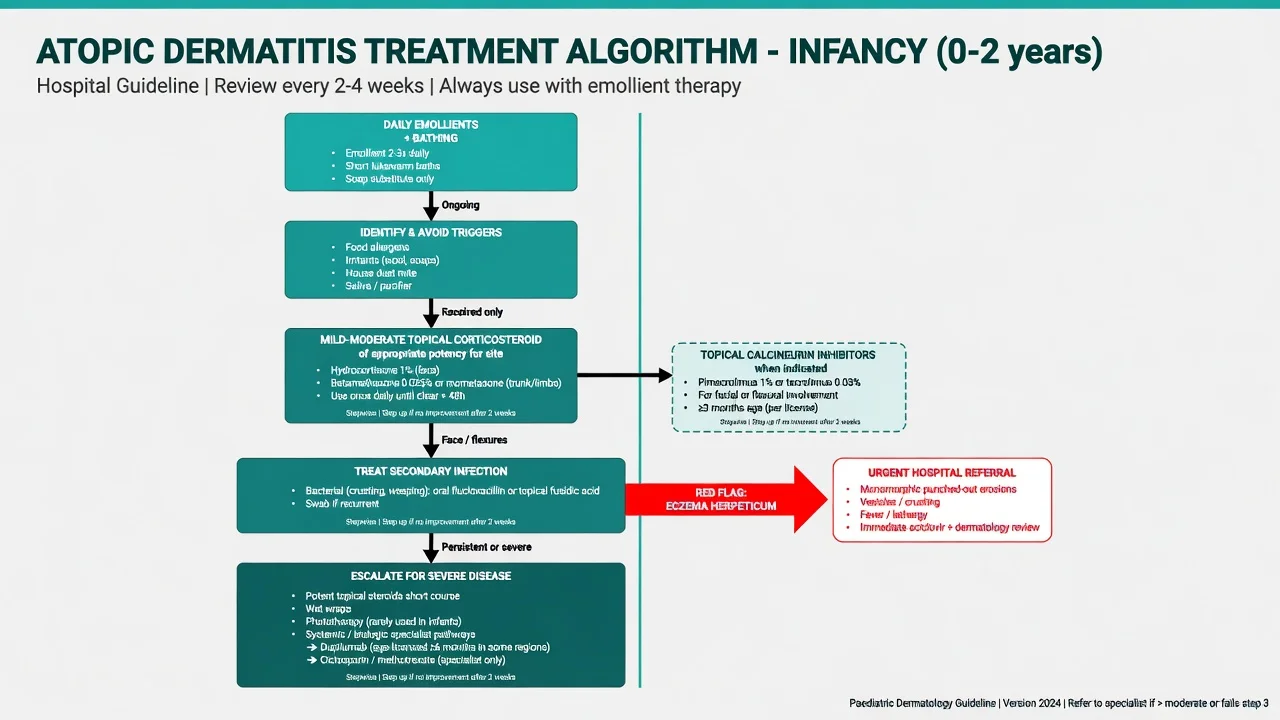 Educational stepwise treatment algorithm for atopic dermatitis in infancy from emollients through topicals to specialist escalation and eczema herpeticum pathway