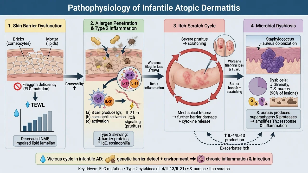 Educational cascade of barrier failure, type 2 cytokines, itch-scratch cycle and Staph aureus dysbiosis in infantile atopic dermatitis