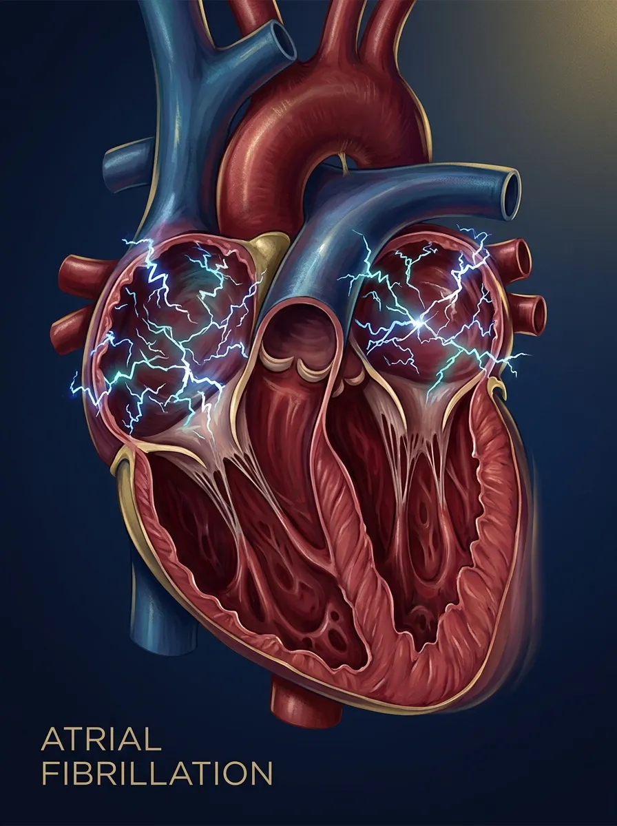 Illustration of chaotic electrical activity in the atria characteristic of atrial fibrillation.
