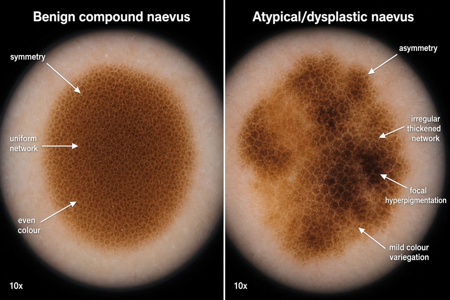 Side-by-side dermoscopy comparison of a benign naevus (symmetrical, regular network) and an atypical naevus (asymmetrical, irregular thickened network with colour variegation)