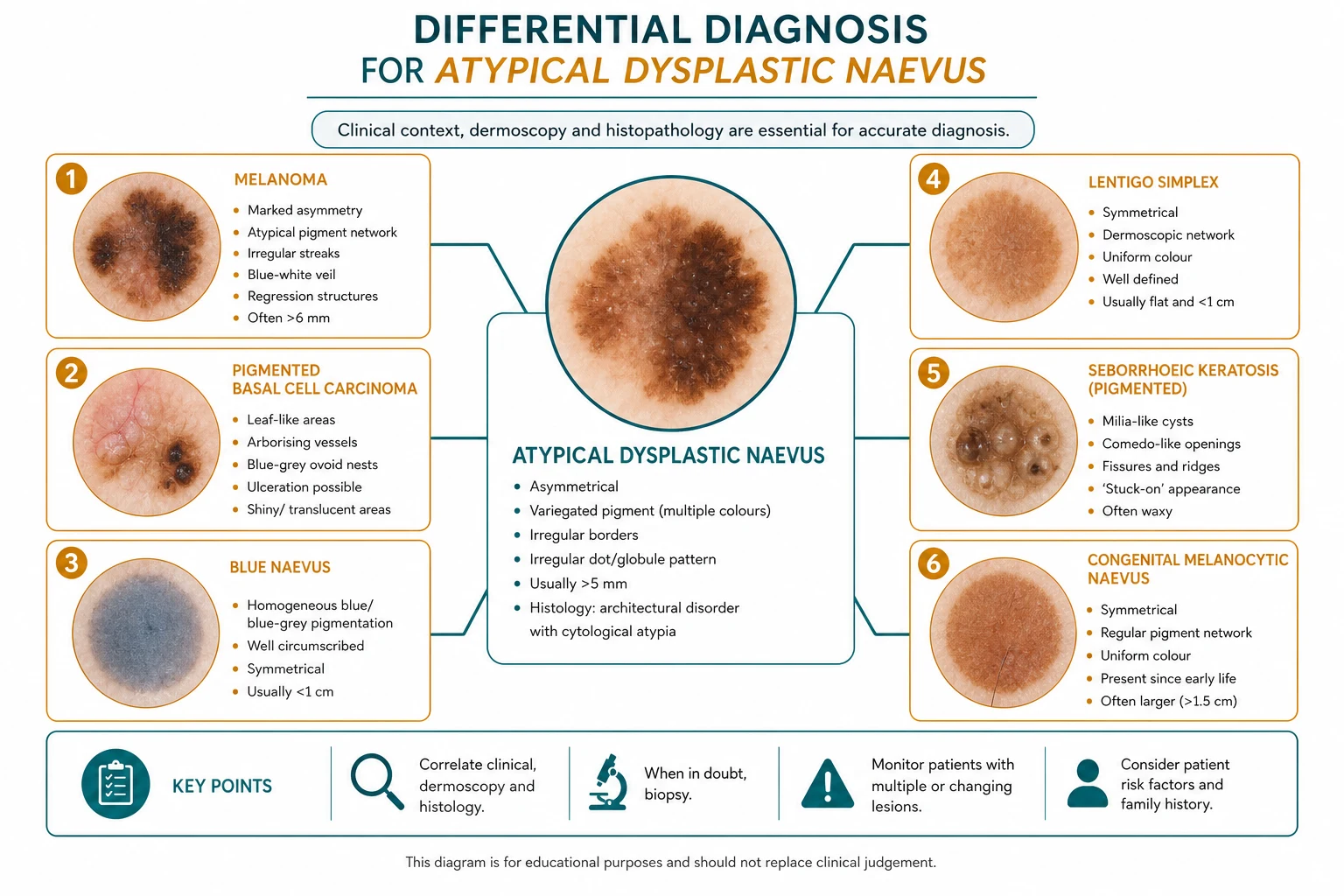 Clinical comparison of a benign regular naevus, an atypical naevus, and melanoma showing increasing asymmetry and colour variegation