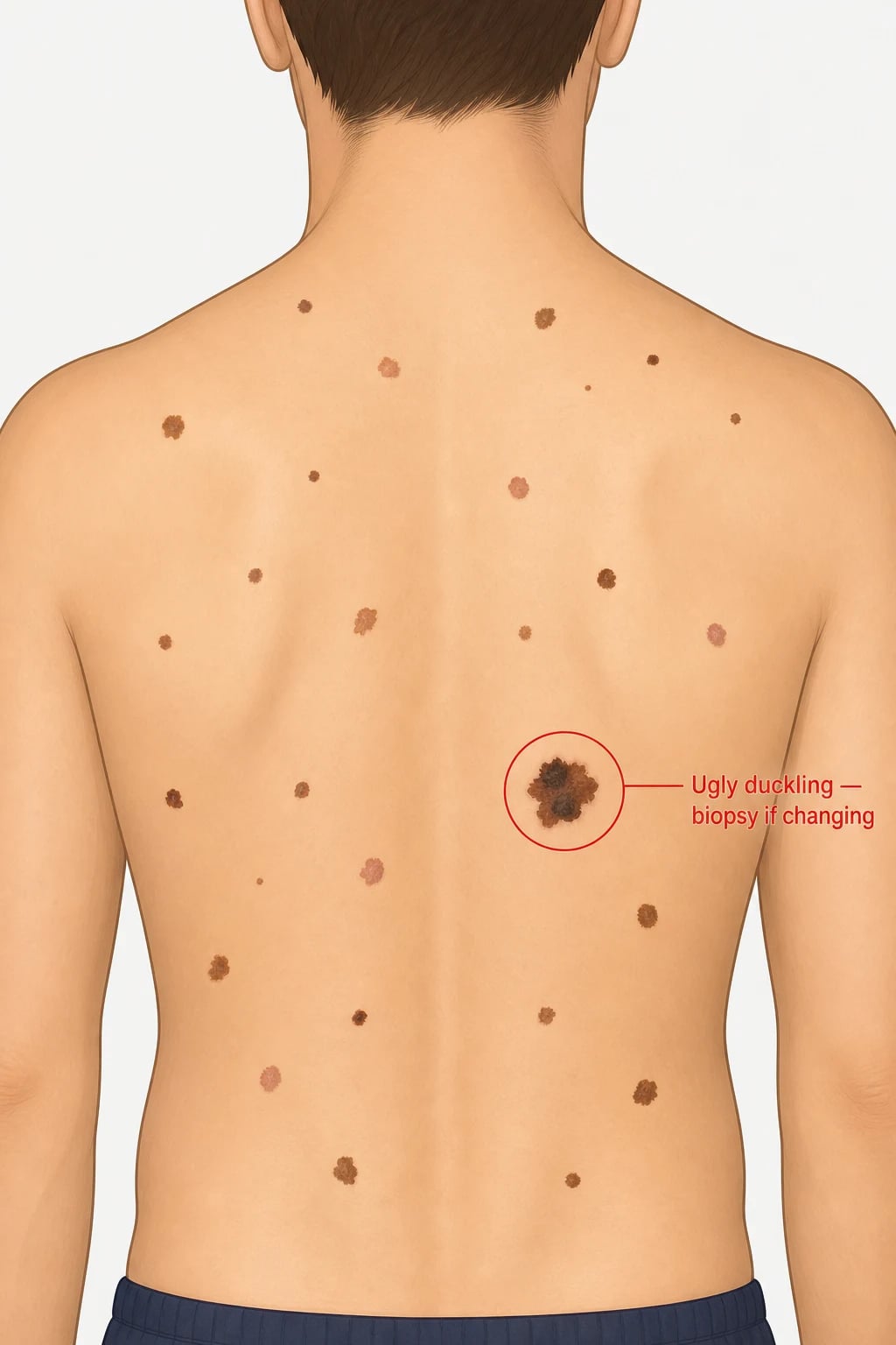 Multiple naevi of varying sizes and colours on the back of a young adult, with one darker and more irregular naevus highlighted as the ugly duckling