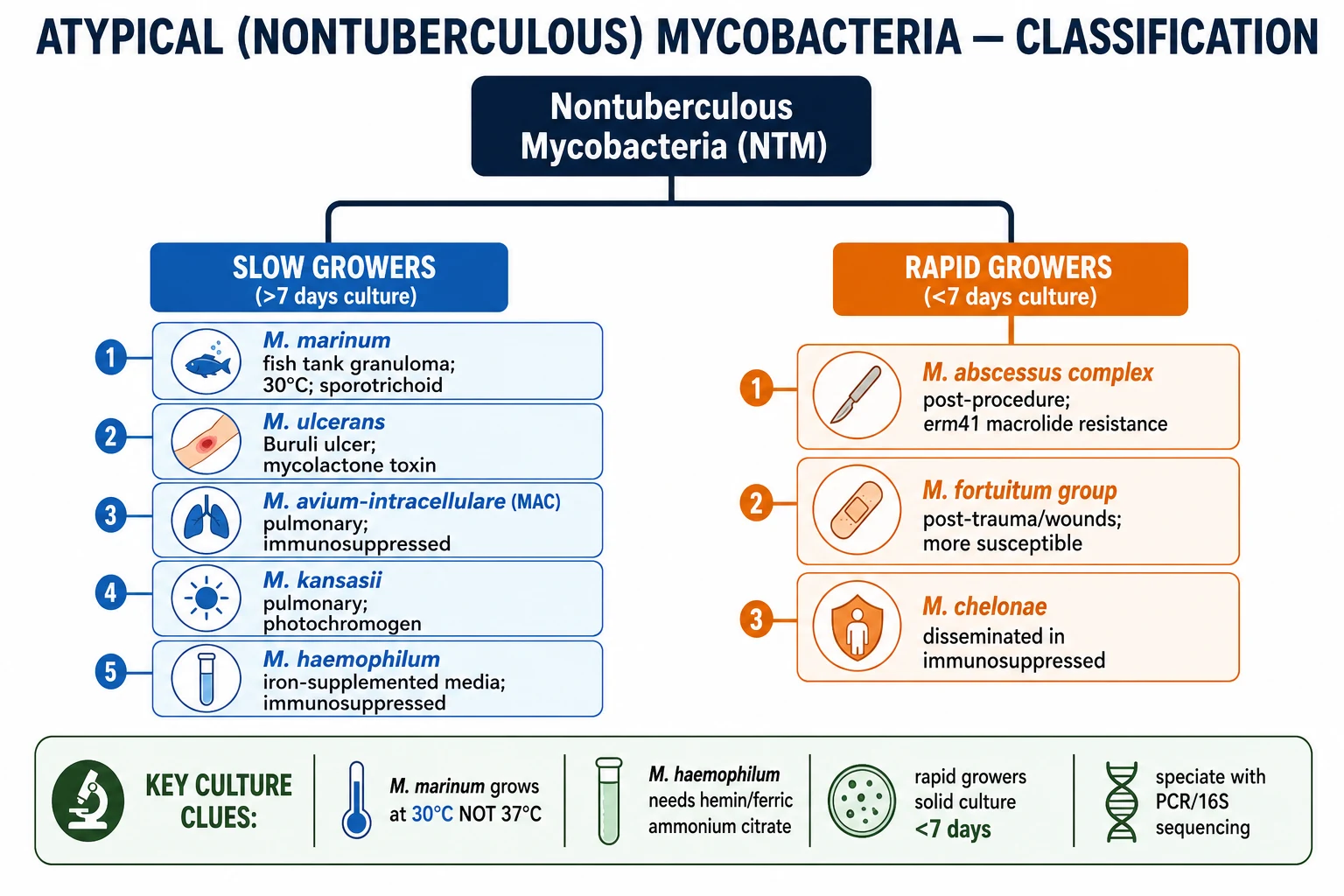 NTM classification tree: slow growers (M. marinum, M. ulcerans, MAC, M. kansasii, M. haemophilum) vs rapid growers (M. abscessus, M. fortuitum, M. chelonae) with growth temperatures and key features
