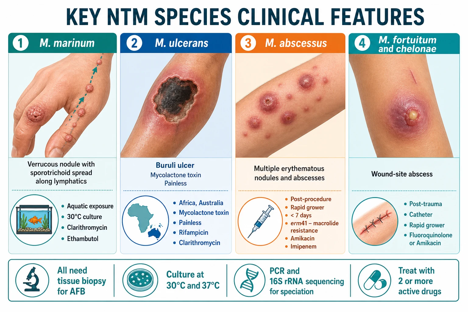 Four-panel comparative infographic: M. marinum (sporotrichoid nodules, fish tank), M. ulcerans (undermined ulcer, Buruli), M. abscessus (post-procedure abscesses), M. fortuitum/chelonae (wound infection)