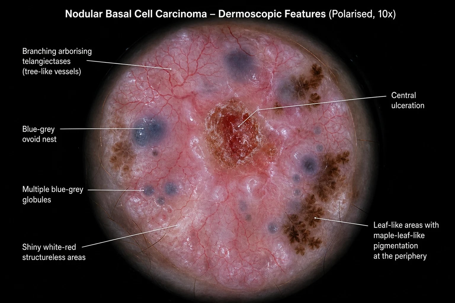 Dermoscopy of a nodular BCC showing arborising telangiectases, blue-grey ovoid nests, leaf-like areas, ulceration and shiny white-red structureless areas