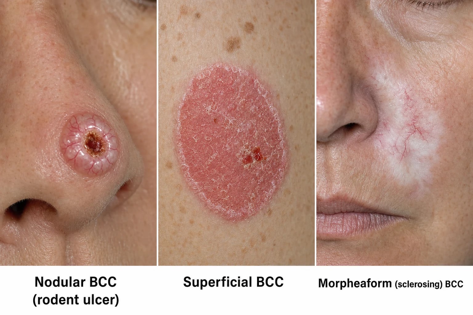 Three BCC subtypes: nodular rodent ulcer with pearly rolled border and telangiectases on the nose, superficial scaly erythematous patch on the trunk, and morpheaform scar-like ill-defined plaque on the face